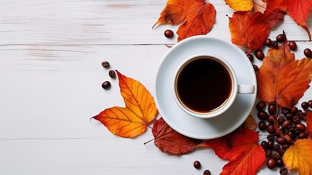 Herbstkomposition Eine Tasse Kaffee und farbige Herbstblätter auf weißem Holzhintergrund