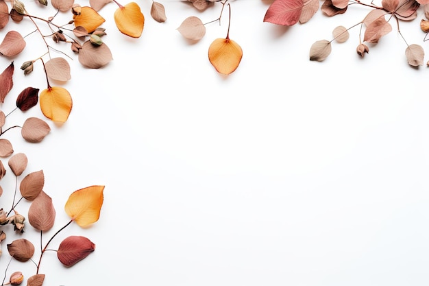 Herbstkomposition Eukalyptusrahmen Rosenblüten getrocknete Blätter auf weißem Hintergrund Herbstkonzept flach