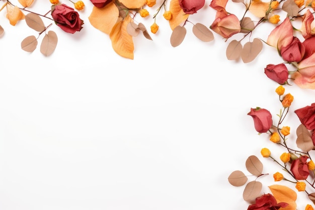 Herbstkomposition Eukalyptusrahmen Rosenblüten getrocknete Blätter auf weißem Hintergrund Herbstkonzept flach