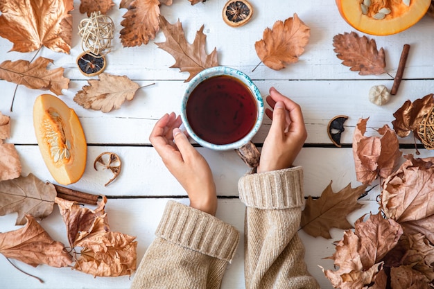 Herbstkomposition mit Blättern und einer Tasse Tee, Draufsicht.