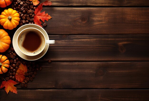 Herbstkomposition mit Kürbissen, Herbstblättern, Kaffeekuppe auf altem Holztischhintergrund