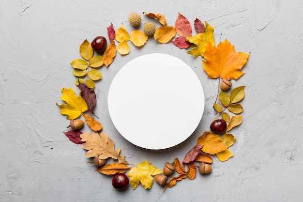 Herbstkomposition mit rundem Papierrohling und getrockneten Blättern auf dem Tisch Flach liegender Draufsichtkopierraum