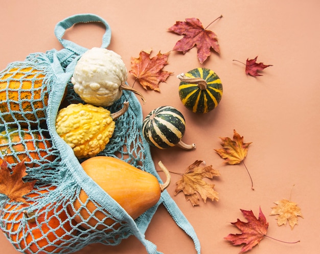 Foto herbstkomposition mit verschiedenen kürbissen in öko-string-tasche, thanksgiving-hintergrund.