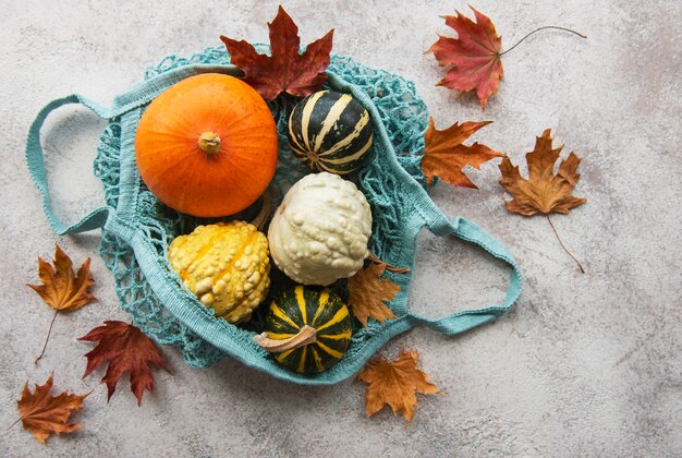 Herbstkomposition mit verschiedenen Kürbissen in Öko-String-Tasche, Thanksgiving-Hintergrund.