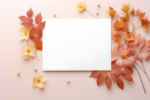 Herbstkomposition Papier blanko getrocknete Blumen und Blätter auf pastellfarbenem Hintergrund