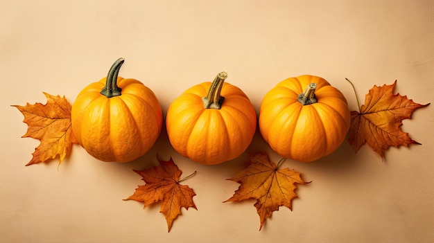 Herbstkomposition zum Erntedankfest mit dekorativen orangefarbenen Kürbissen und getrockneten Blättern