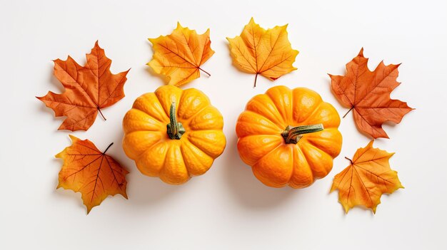 Herbstkomposition zum Erntedankfest mit dekorativen orangefarbenen Kürbissen und getrockneten Blättern