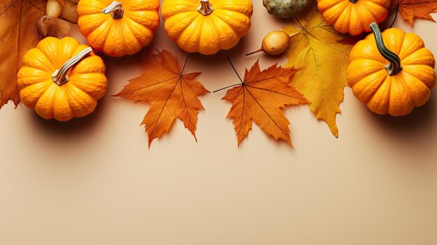 Herbstkomposition zum Erntedankfest mit dekorativen orangefarbenen Kürbissen und getrockneten Blättern