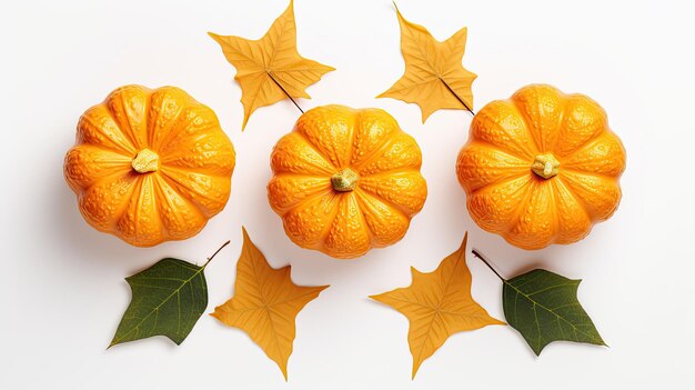 Herbstkomposition zum Erntedankfest mit dekorativen orangefarbenen Kürbissen und getrockneten Blättern