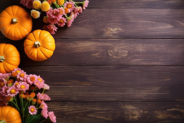 Herbstkompositionshintergrund mit Kürbissen und Blumen auf Holztisch Draufsicht Kopierraum