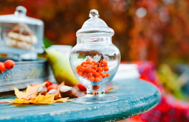 Herbstkonzept Auf dem Tisch steht eine Tasse Glaswaren mit Rowan und Herbstlaub im Hinterhof