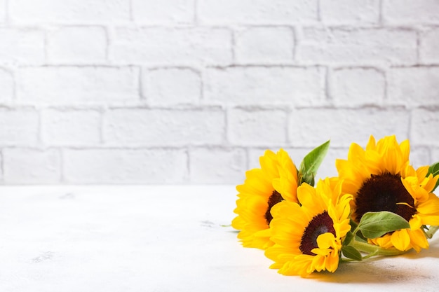 Herbstkonzept Hintergrund mit frischen gelben Sonnenblumen auf einem weißen Küchentisch Platzhintergrund kopieren