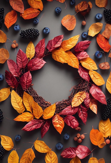 Herbstkranz aus Blättern Beeren Mockup flach gelegt mit KopierraumWeeding und Partyeinladung