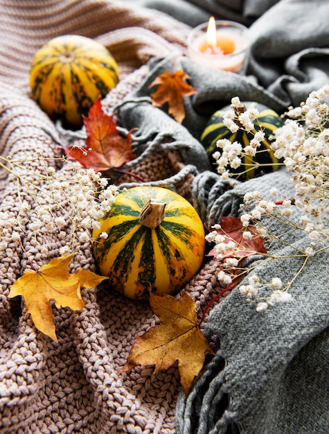 Herbstkürbisse, gestrickter Schal, Ahornblätter und Kerze auf einem Tisch