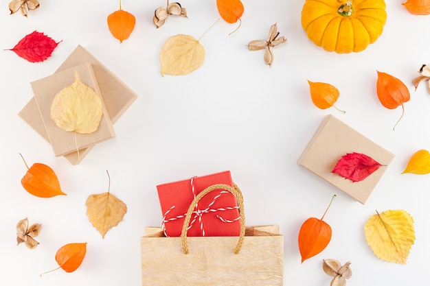 Herbstkürbisse, getrocknete orange Blüten und Blätter