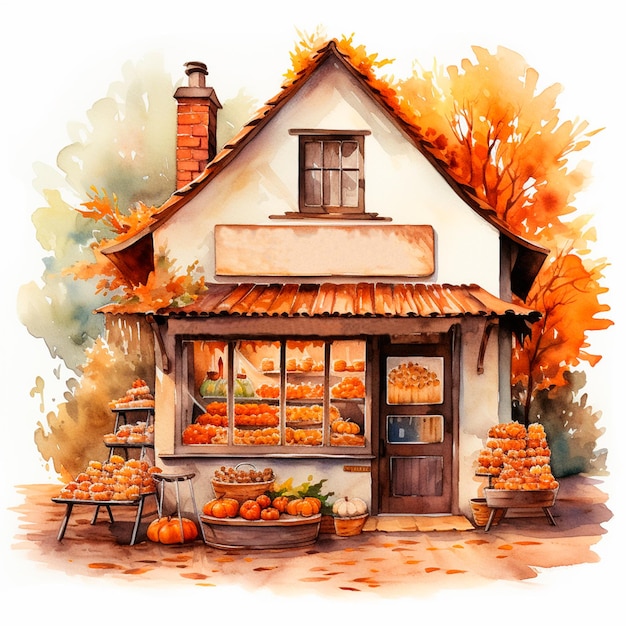 Herbstladen-Erntehaus Herbst-Bauernhaus-Aquarell-Herbst-Saison-KI-Generativ isoliert