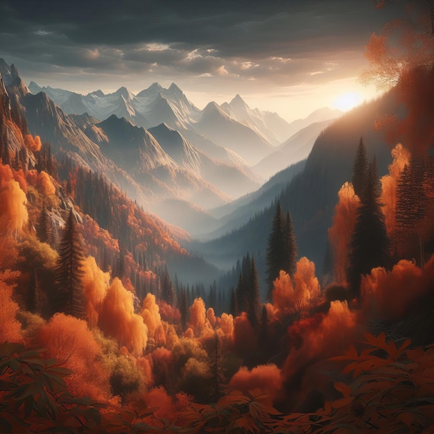 Herbstlandschaft des Waldes mit Bergen in der Ferne