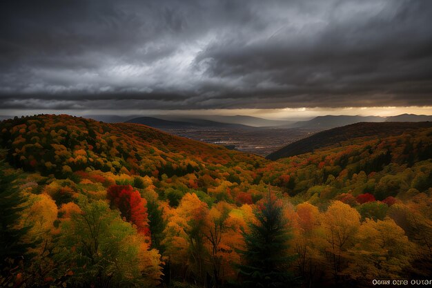 Herbstlandschaft dramatische Beleuchtung blauer Himmel und weiße Wolken professionelle Fotografie