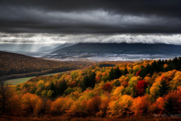 Herbstlandschaft dramatische Beleuchtung blauer Himmel und weiße Wolken professionelle Fotografie