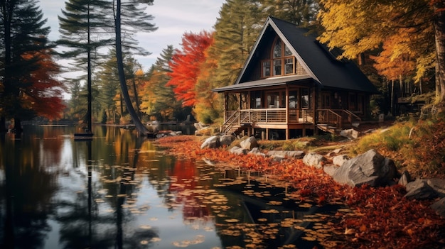 Herbstlandschaft eines Sees und einer Hütte