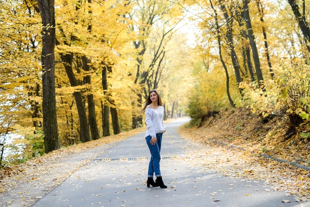 Herbstlandschaft. Frau in Freizeitkleidung posiert im Park mit gelben Blättern