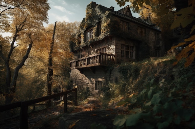 Herbstlandschaft mit altem Haus im Wald Digitale Malerei