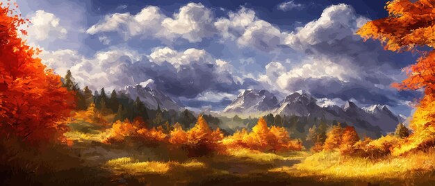 Herbstlandschaft mit Bäumen Berge ländliche Landschaft Herbsthintergrund Illustration wunderschön