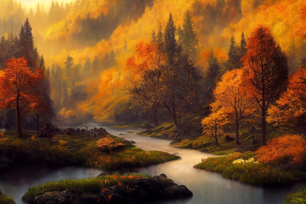 Herbstlandschaft mit Bäumen, Bergen, digitaler Malerei