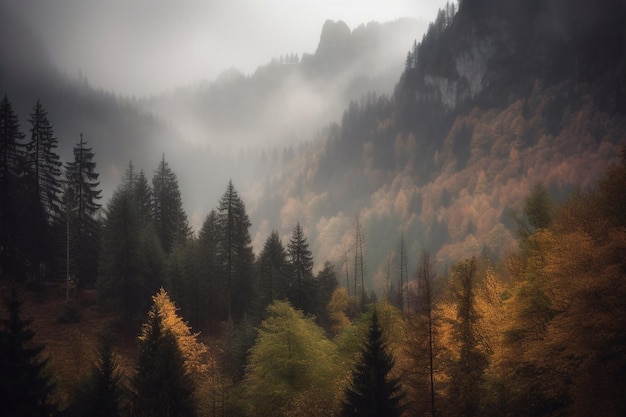 Herbstlandschaft mit Bergen, Bäumen und Nebel AI generiert