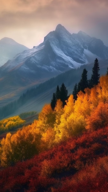 Herbstlandschaft mit Bergen und einem Berg im Hintergrund