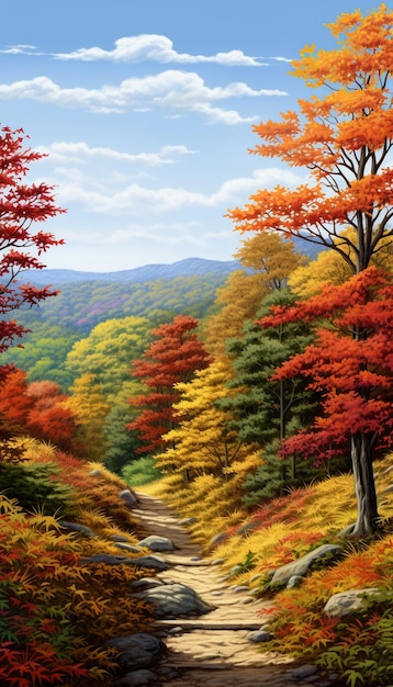 Herbstlandschaft mit bunten Bäumen im Wald 3D-Rendering