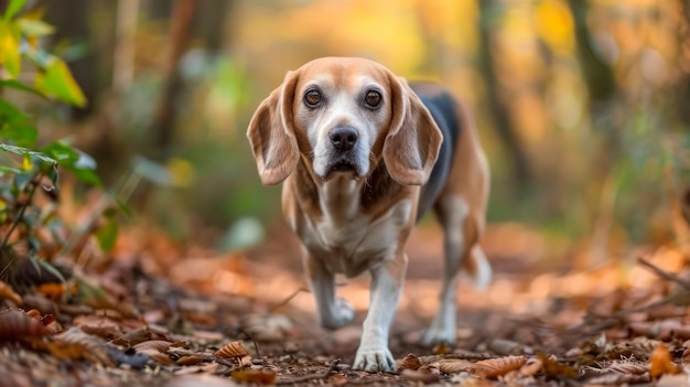 Herbstlandschaft mit einem erwachsenen Beagle-Hund, der mit goldenen Blättern und warmem Sonnenlicht durch den Wald geht
