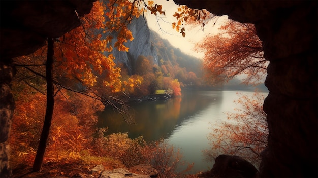 Herbstlandschaft mit einem Fluss und Bäumen im Vordergrund