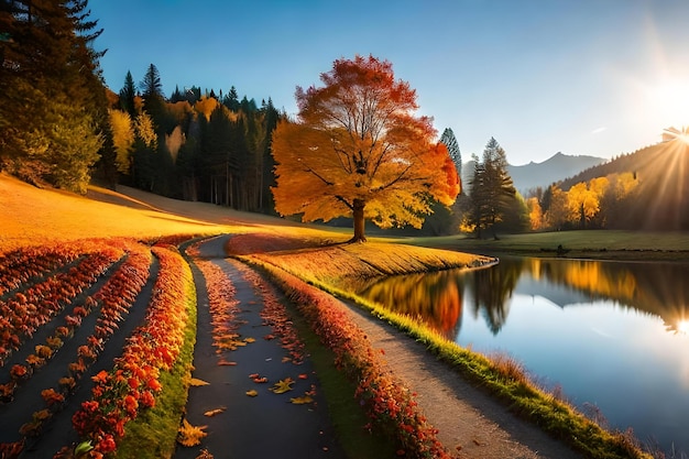 Herbstlandschaft mit einem See und einem Baum mit Bergen im Hintergrund.