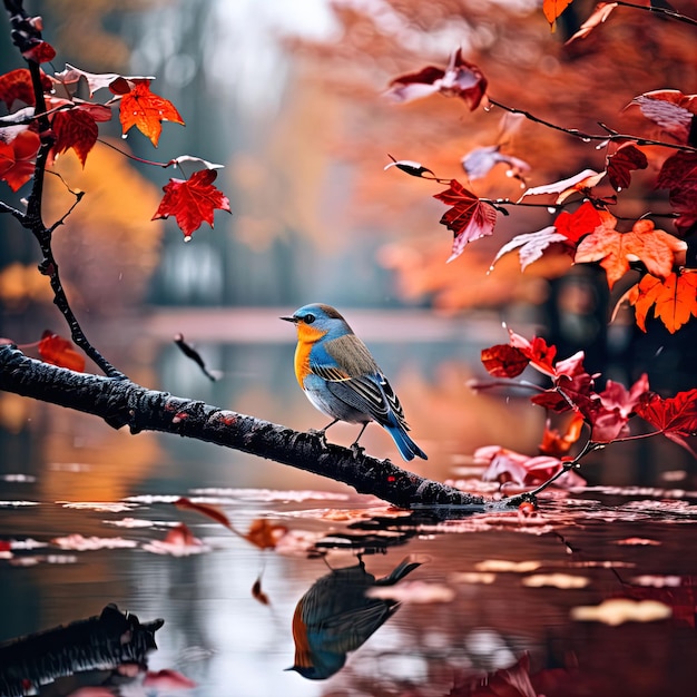 Herbstlandschaft mit einem Vogel und einem Baum