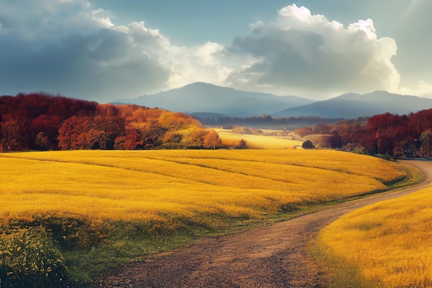 Herbstlandschaft mit einer Straße auf einem Feld mit gelben Grasblumen, Bäumen und Hügeln unter blauem Himmel mit flauschigen Wolken 3D-Darstellung