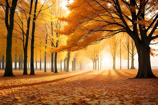 Herbstlandschaft mit einer Straße und Bäumen mit gelben Blättern