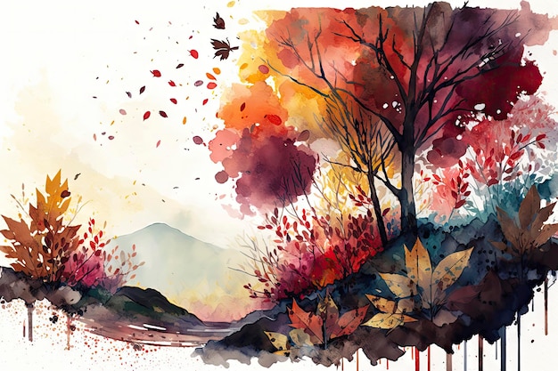 Herbstlandschaft mit fallenden Blättern in Aquarellen