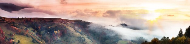 Herbstlandschaft mit Nebel in den Bergen Tannenwald auf den Hügeln Karpaten Ukraine Europa