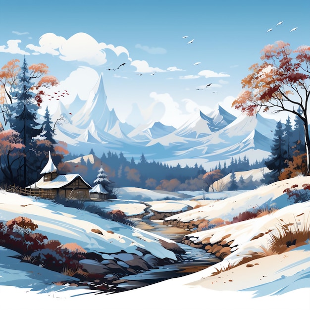 Herbstlandschaft mit Schneegebirgswolke und blauem Himmel Generative Ai