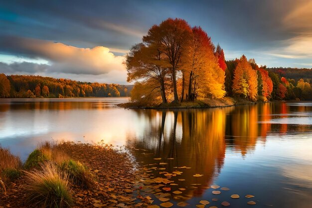 Herbstlandschaft mit See und Bäumen im Hintergrund