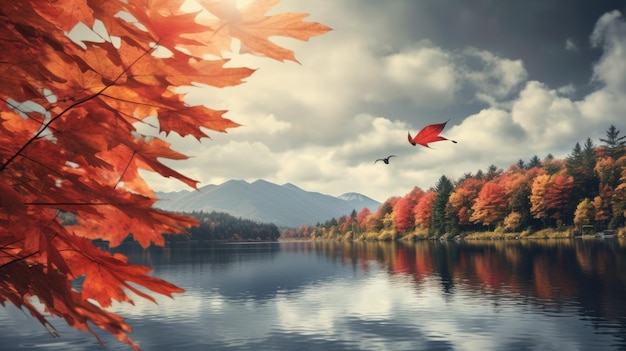 Herbstlandschaft mit See und Wald Schöner Naturhintergrund Herbstsaison Generative KI