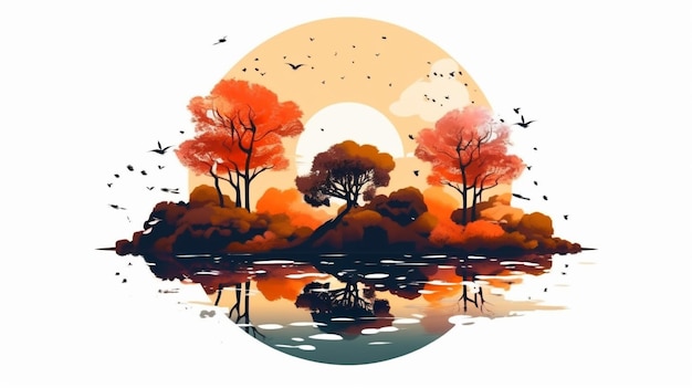 Herbstlandschaft mit Seebäumen und Sonnenuntergang-Vektorillustration