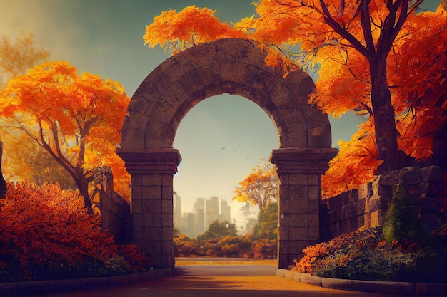 Herbstlandschaft mit Steinbogeneingang zum öffentlichen Park oder Garten Buschhecke und Stadtgebäude am Horizont und orangefarbenes Laub auf Bäumen 3D-Darstellung