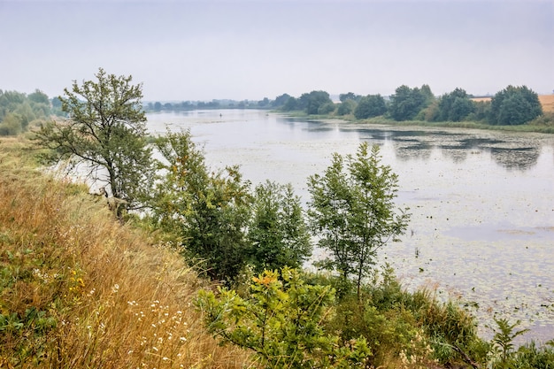 Herbstlandschaft über dem Fluss und dem Wald