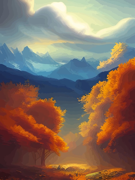 Herbstlandschaft, Waldbäume mit Sonne am Morgen, Vektor-Cartoon-Panorama-Mittherbstfelder, Berge, Blätter