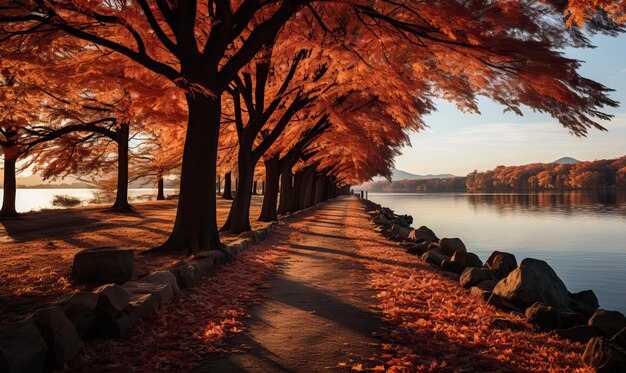 Foto herbstlandschaftsallee mit bäumen in der stadt selektiver weichzeichner