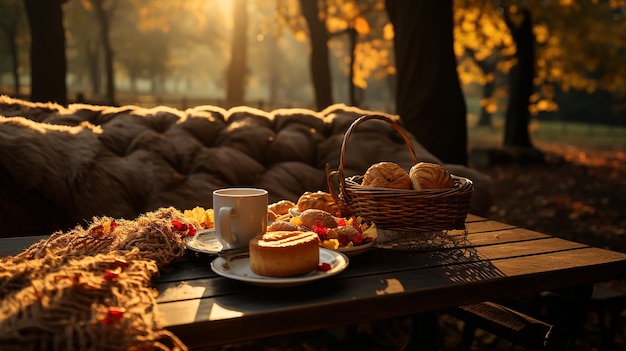 Herbstlandschaftspicknick in einem sonnigen Morgenpark, Picknickkorb und Wanderherbst