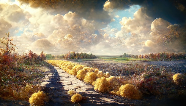 Herbstlandschaftsschotterweg, der ein gelbes Feld durchläuft