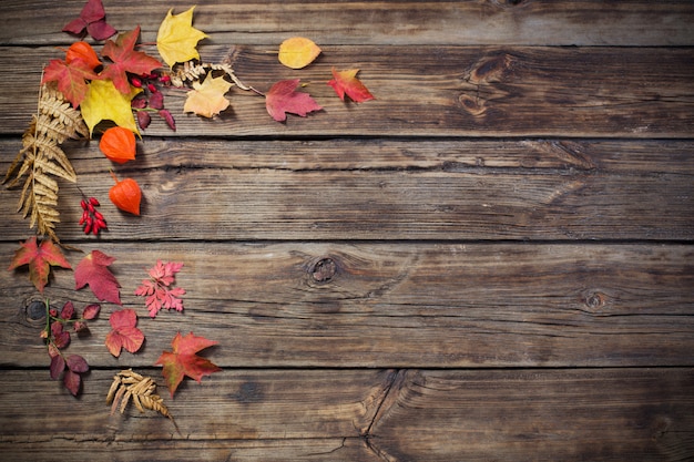 Herbstlaub auf darrk altem Holz